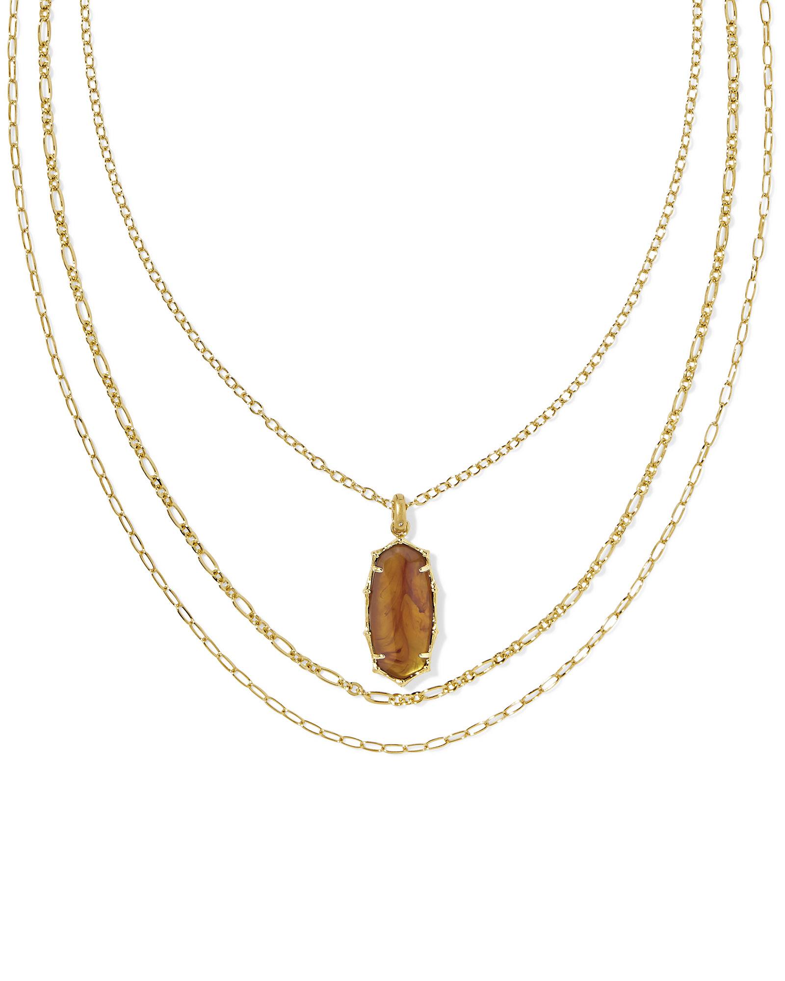 Kendra Scott Elle Vintage Gold Bamboo Frame Triple Strand Necklace in Marbled Amber | Illusion